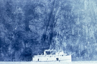 Old steamship on lake