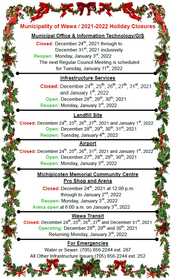 Holiday Hours for the Municipal Office