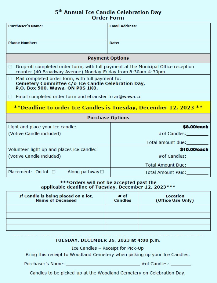 Ice Candle Celebration Order Form